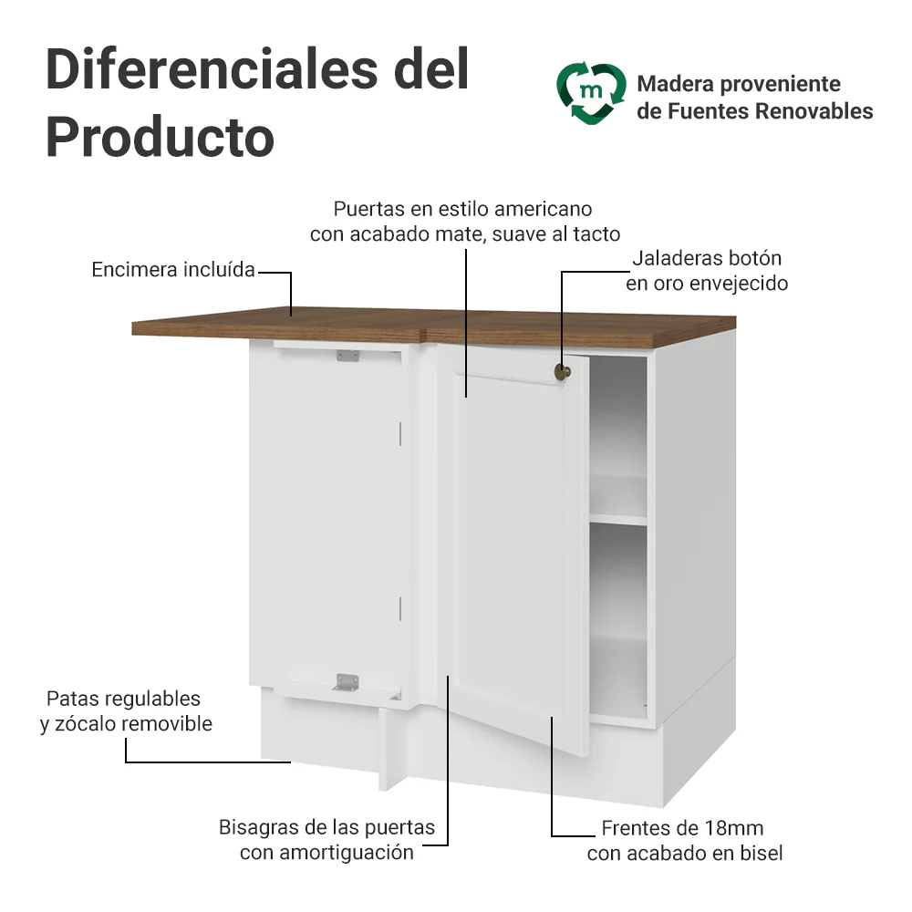 Bajo Mesada Esquinero 102 cm x 64 cm (con Mesada) Blanco/Marrón Vik Madesa - Image 3