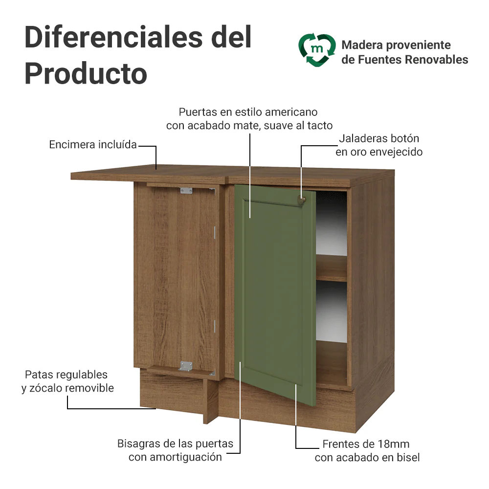 Bajo Mesada Esquinero 102 cm x 64 cm (con Mesada) Marrón/Verde Vik Madesa - Image 3