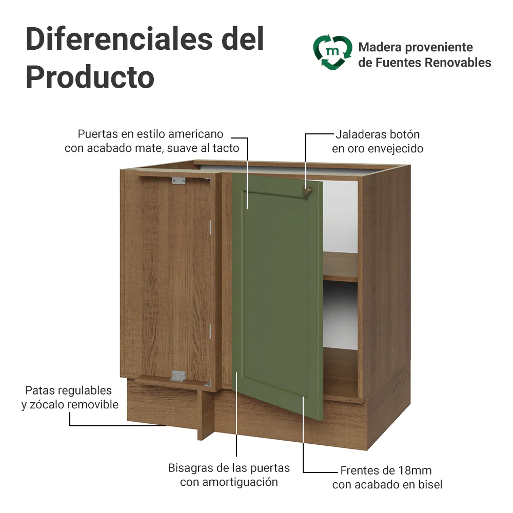 Bajo Mesada Esquinero 102 cm x 64 cm (Sin Mesada) Marrón/verde Vik Madesa - Image 3
