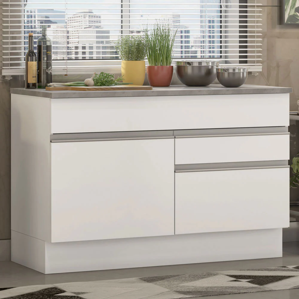 Bajo Mesada Cocina 120 cm 1 Puerta y 2 Cajones (Con Mesada) Blanco Glamy Madesa