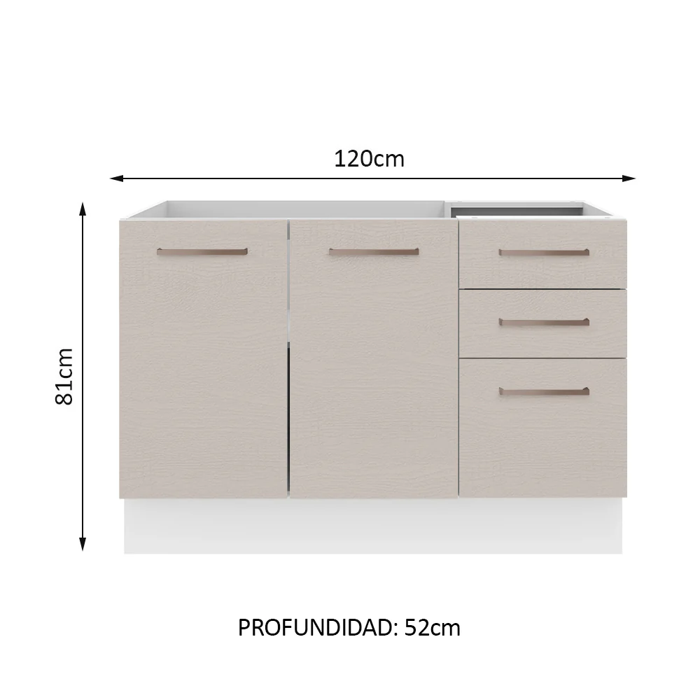 Bajo Mesada para Bacha 120 cm 2 Puertas 3 Cajones (Sin Mesada y Bacha) Blanco/Crema Agata Madesa - Image 2