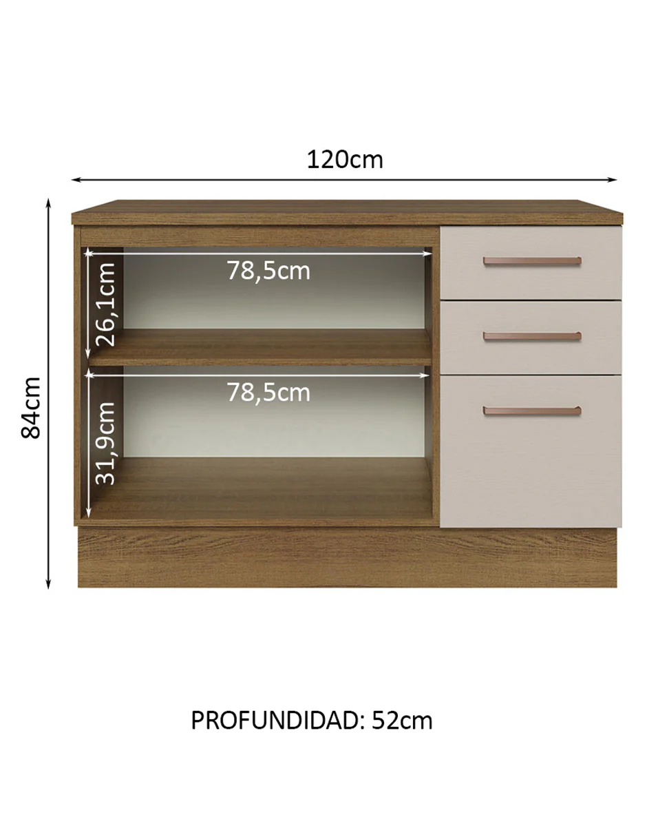 Bajo Mesada Cocina 120 cm 2 Puertas 3 Cajones (Con Mesada) Marrón/Crema Agata Madesa - Image 3