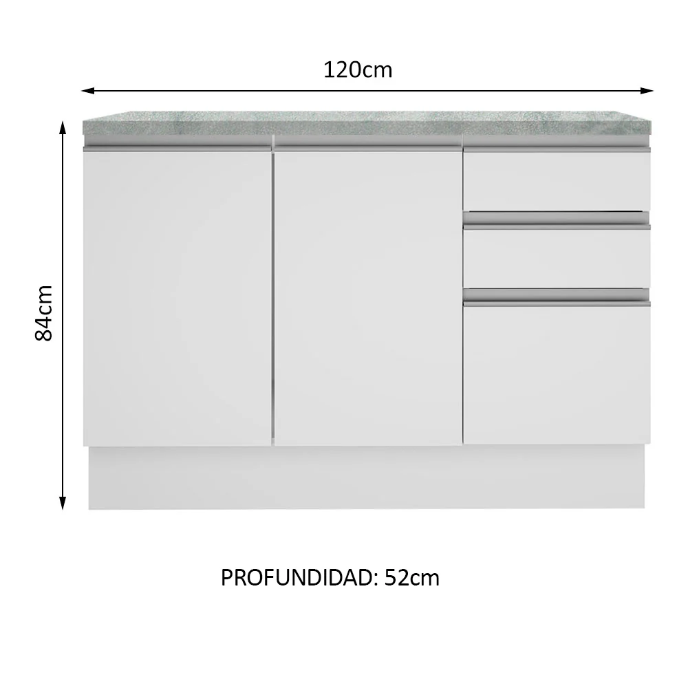 Bajo Mesada Cocina 120 cm 2 Puertas 3 Cajones (Con Mesada) Blanco Glamy Madesa - Image 2
