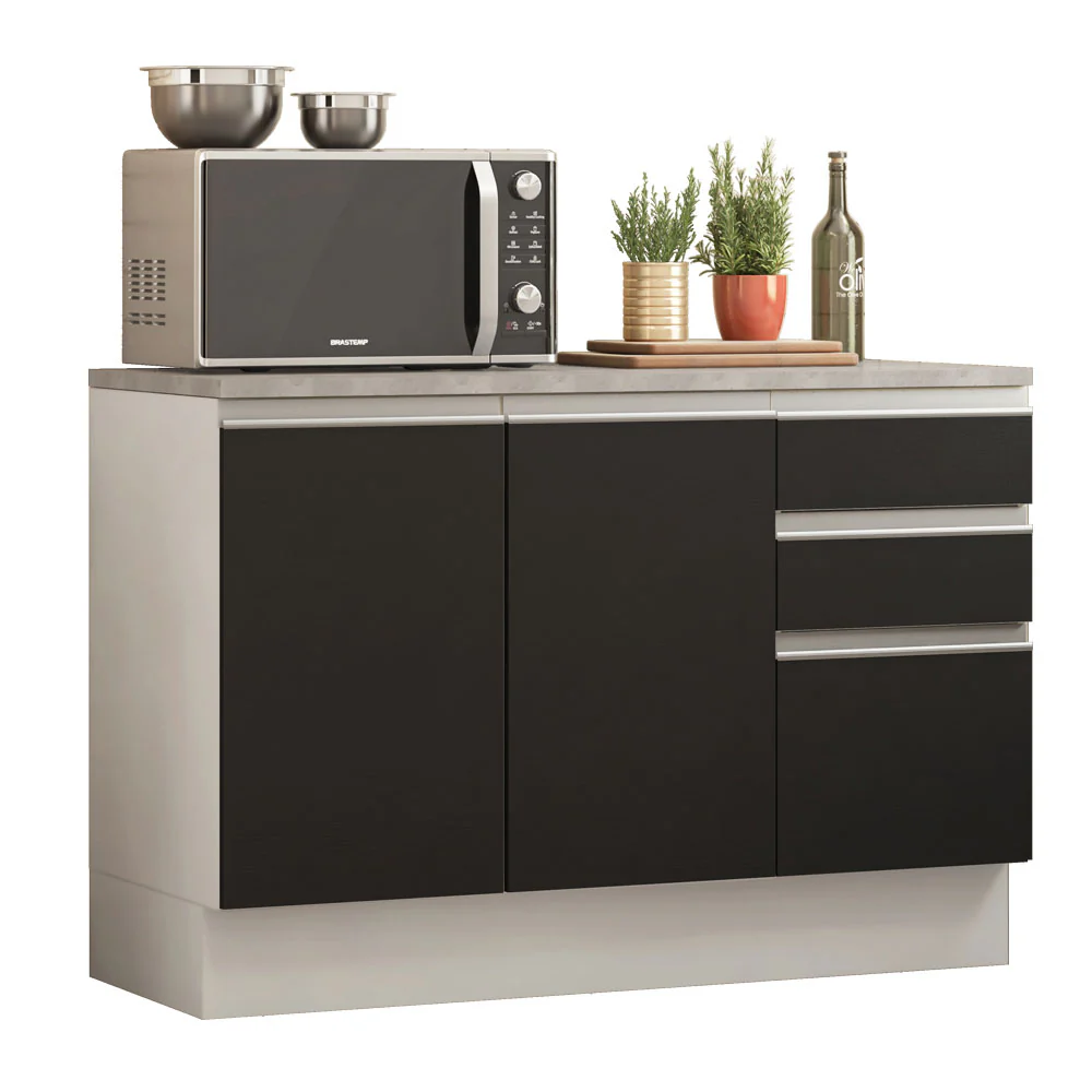 Bajo Mesada Cocina 120 cm 2 Puertas 3 Cajones (Con Mesada) Blanco/Negro Glamy Madesa