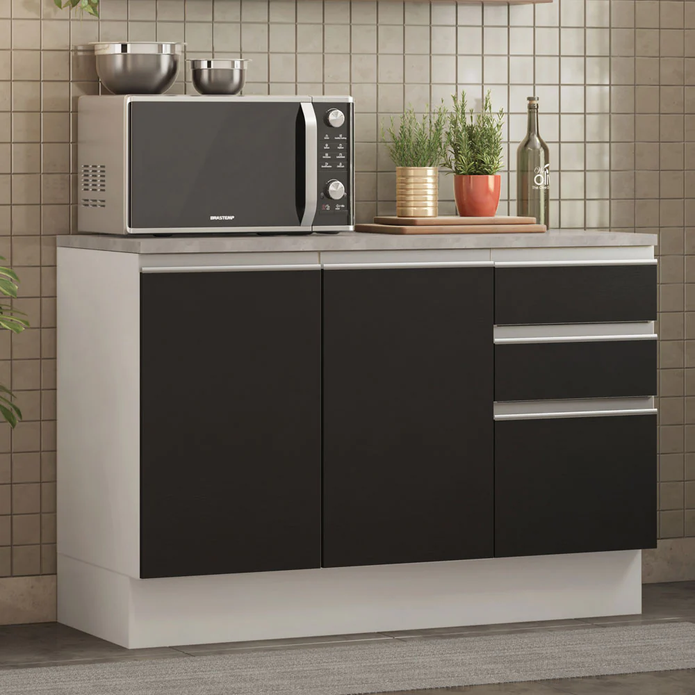 Bajo Mesada Cocina 120 cm 2 Puertas 3 Cajones (Con Mesada) Blanco/Negro Glamy Madesa - Image 2