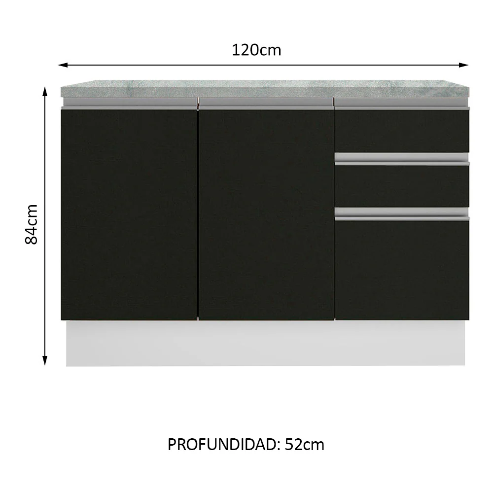 Bajo Mesada Cocina 120 cm 2 Puertas 3 Cajones (Con Mesada) Blanco/Negro Glamy Madesa - Image 3