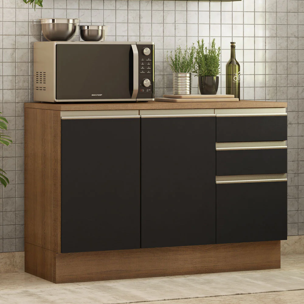 Bajo Mesada Cocina Glamy 120 cm 2 Puertas y 3 Cajones (Con Mesada) Marrón/Negro Glamy Madesa