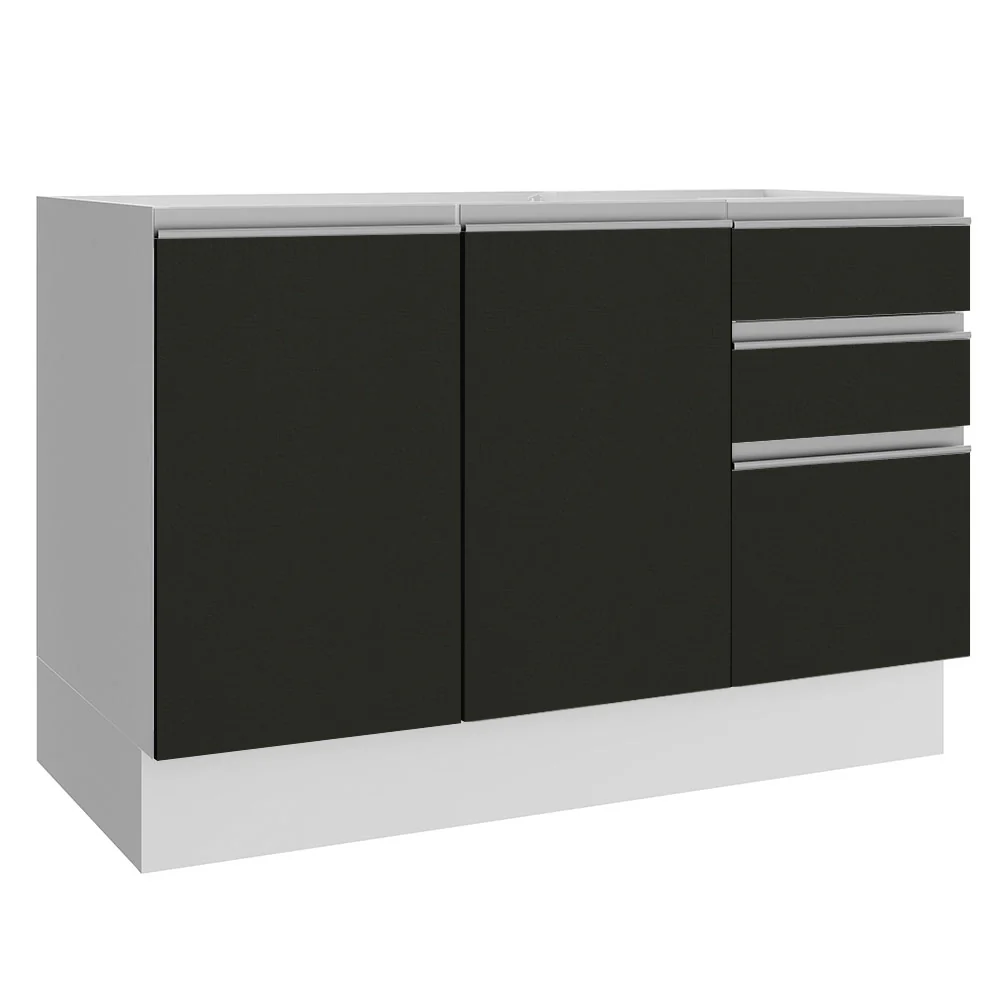 Bajo Mesada para Bacha 120 cm 2 Puertas 3 Cajones (Sin Mesada) Blanco/Negro Glamy Madesa