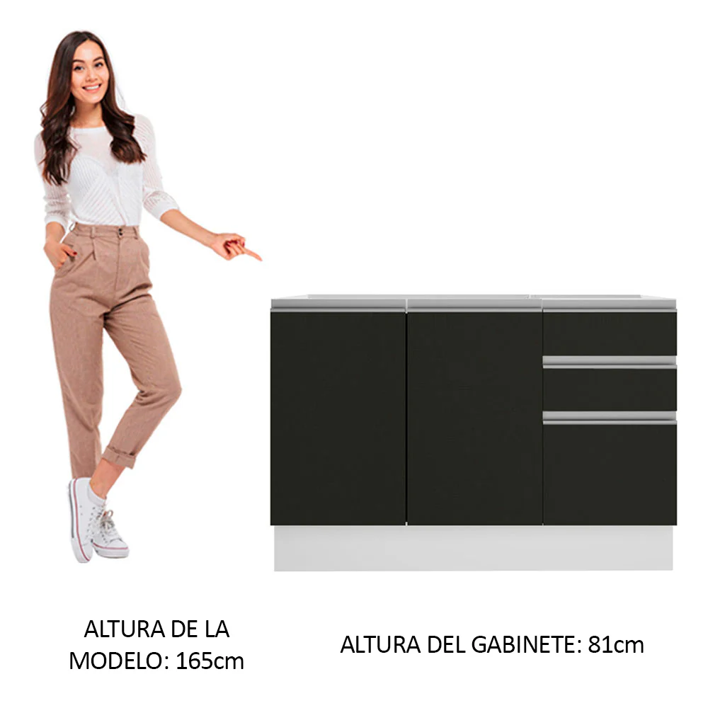 Bajo Mesada para Bacha 120 cm 2 Puertas 3 Cajones (Sin Mesada) Blanco/Negro Glamy Madesa - Image 4