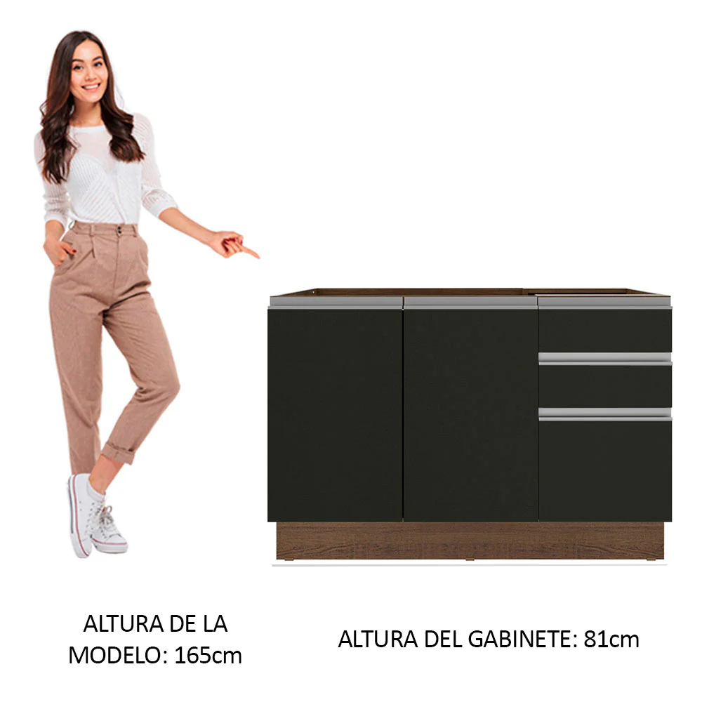 Bajo Mesada para Bacha 120 cm 2 Puertas 3 Cajones (Sin Mesada) Marrón/Negro Glamy Madesa - Image 4