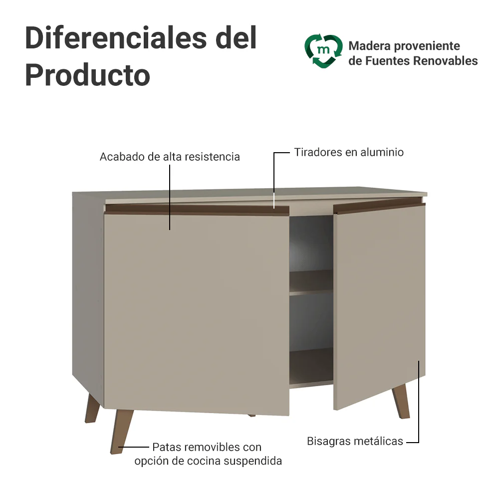 Bajo Mesada Cocina 120 cm 2 Puertas Con Patas Nice Crema - Image 3