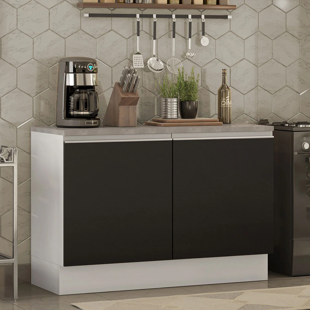 Bajo Mesada Cocina 120 cm 2 Puertas (Con Mesada) Blanco/Negro Glamy Madesa