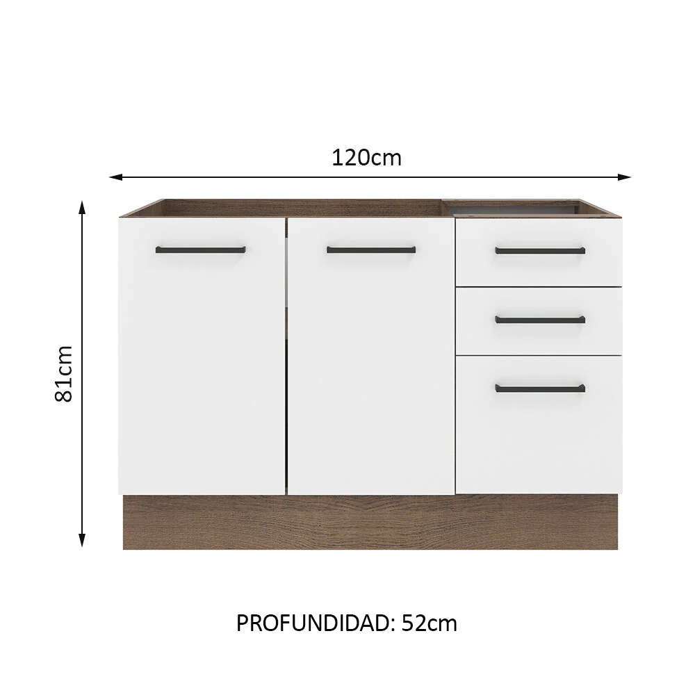 Bajo Mesada para Bacha 120 cm 2 Puertas y 3 Cajones (Sin Mesada y Bacha) Marrón/Blanco Agata Madesa - Image 2
