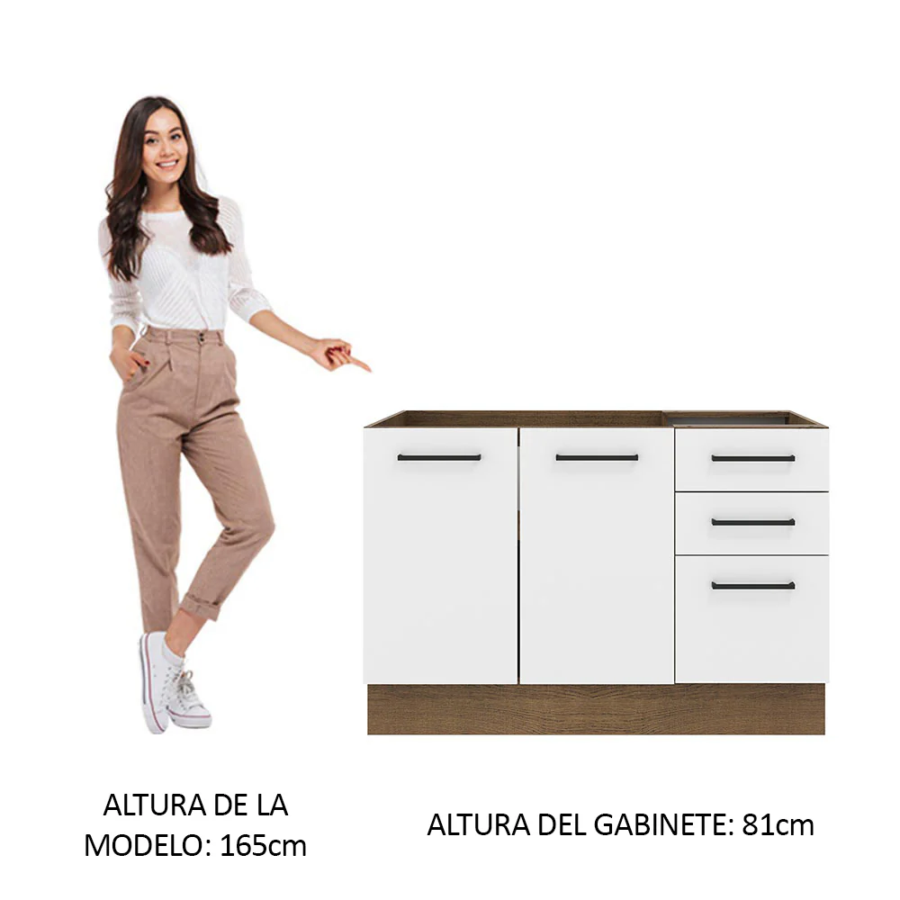 Bajo Mesada para Bacha 120 cm 2 Puertas y 3 Cajones (Sin Mesada y Bacha) Marrón/Blanco Agata Madesa - Image 3