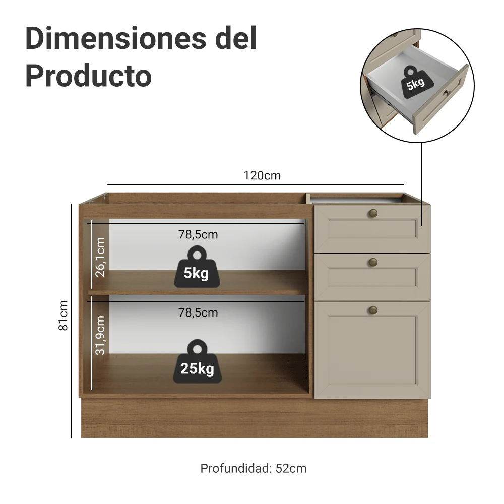 Bajo Mesada para Bacha 120 cm 2 Puetas 3 Cajones (Sin Mesada) Marrón/Crema Vik Madesa - Image 2