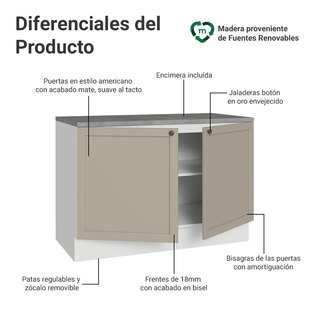 Bajo Mesada Cocina 120 cm (Con Mesada) Blanco/Crema Vik Madesa - Image 3