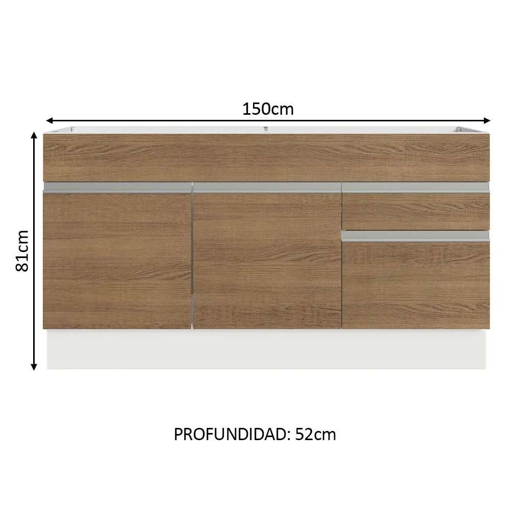 Bajo Mesada para Bacha 150 cm 2 Puertas y 2 Cajones (Sin Tapa ni Bacha) Glamy Blanco/Marrón - Image 2