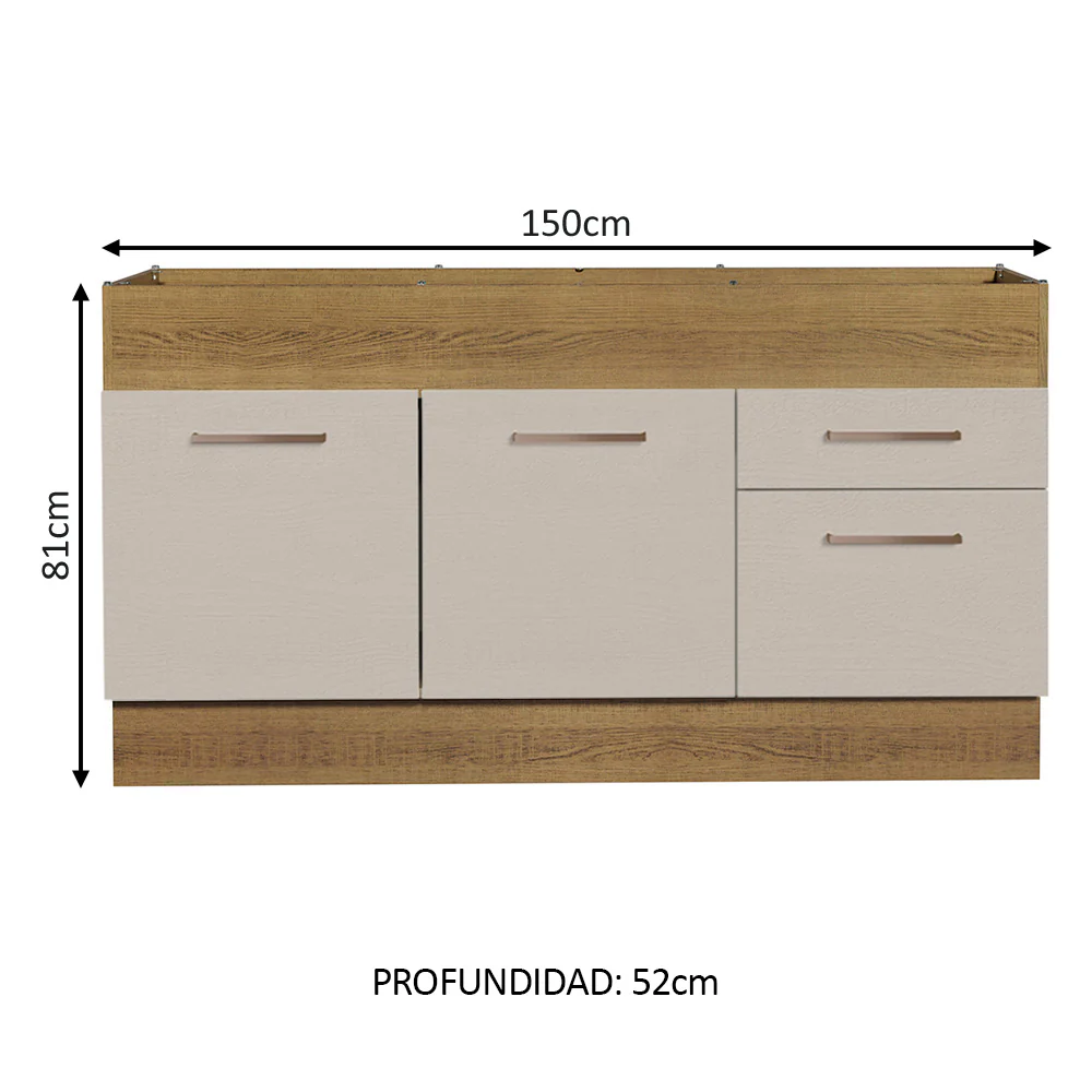 Bajo Mesada para Bacha 150 cm 2 Puertas y 2 Cajones (Sin Tapa Ni Bacha) Marrón/Crema Agata - Image 2
