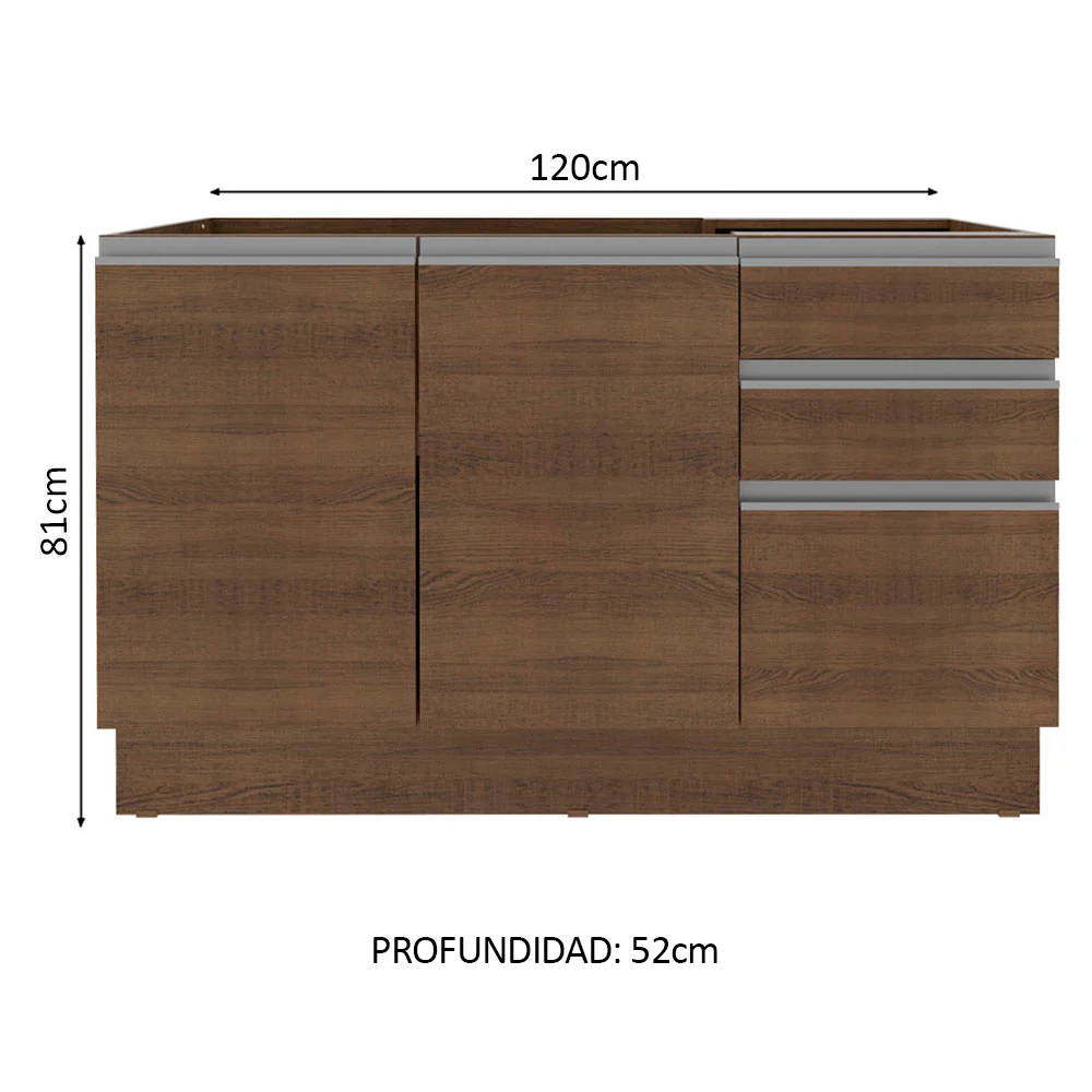 Bajo Mesada para Bacha 120 cm 2 Puertas y 3 Cajones + Porta cubiertos (Sin Mesada y Bacha) Marrón Glamy Madesa - Image 2