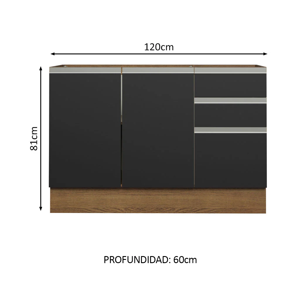 Bajo Mesada Cocina 120 x 60 cm 2 Puertas e 3 Cajones (Sin Mesada) Marrón/Negro Glamy Madesa - Image 2