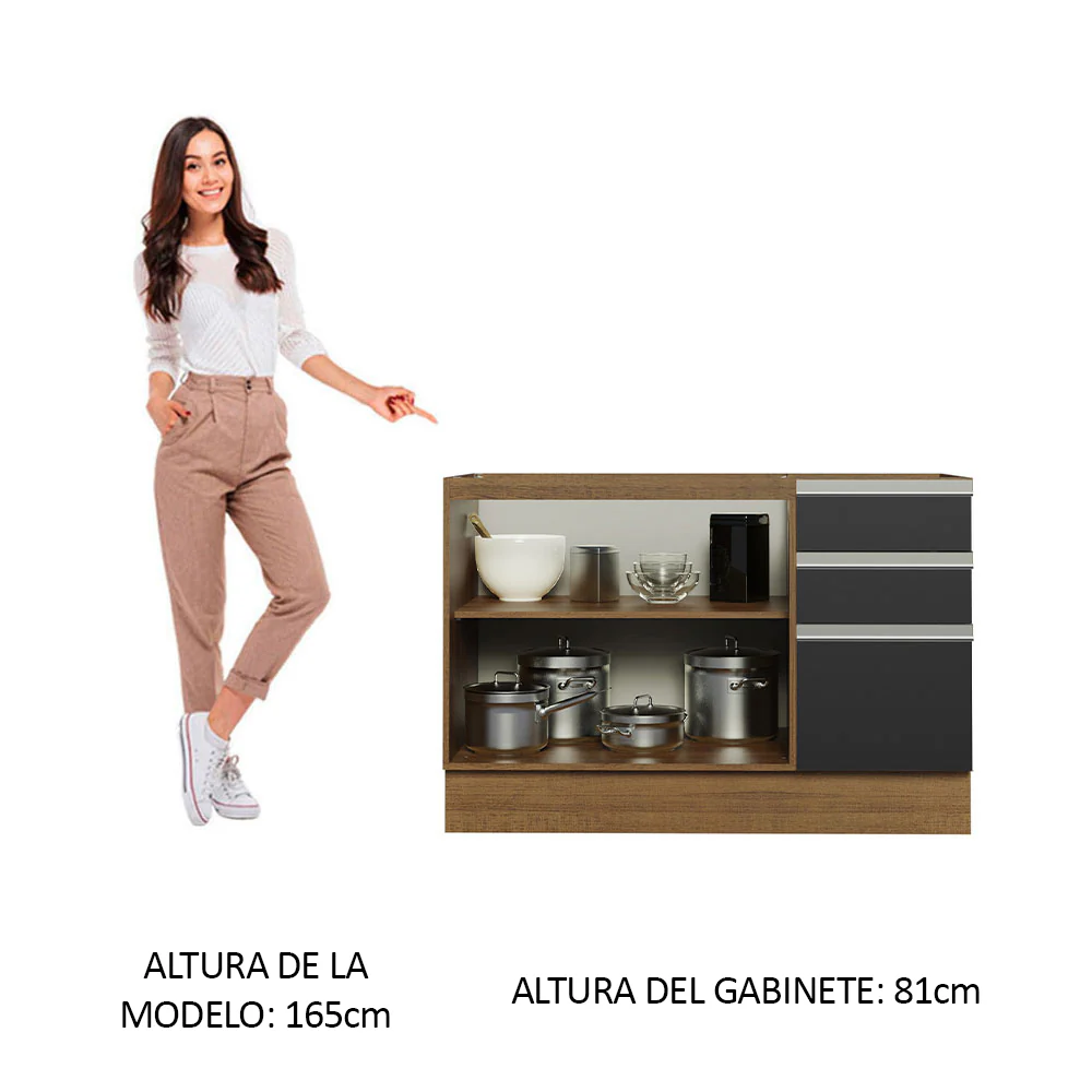Bajo Mesada Cocina 120 x 60 cm 2 Puertas e 3 Cajones (Sin Mesada) Marrón/Negro Glamy Madesa - Image 3