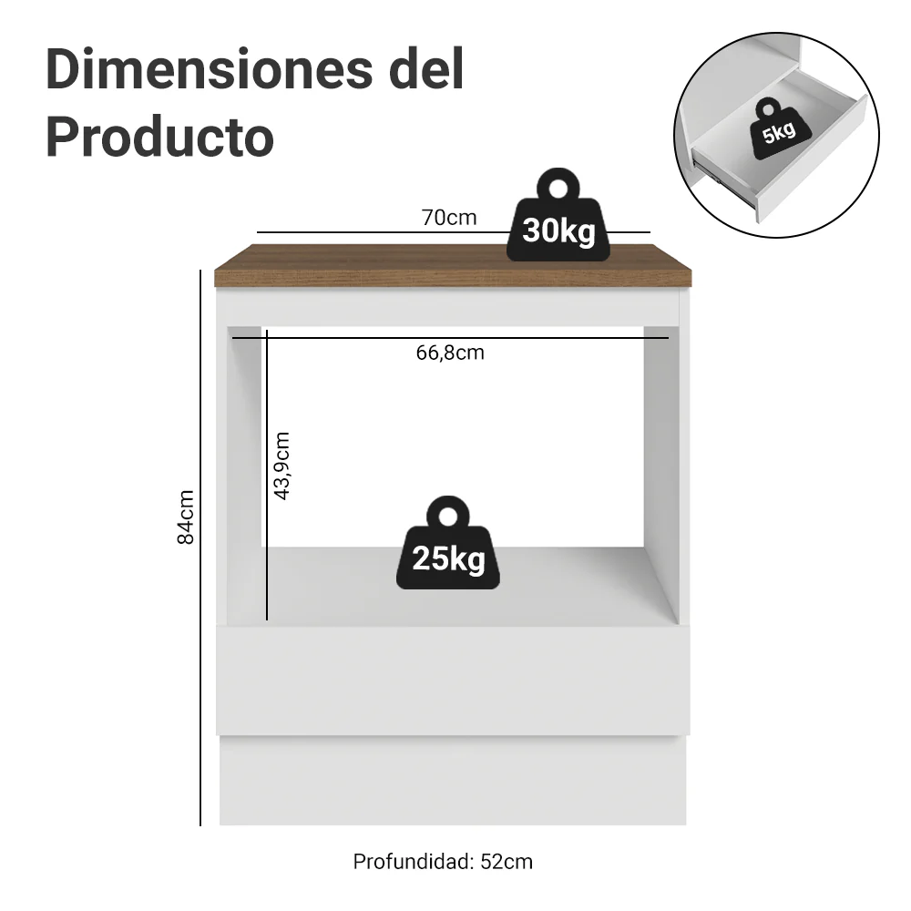 Bajo Mesada para Horno/Microondas 70 cm 1 Cajón Blanco Mesada Marrón - Image 2