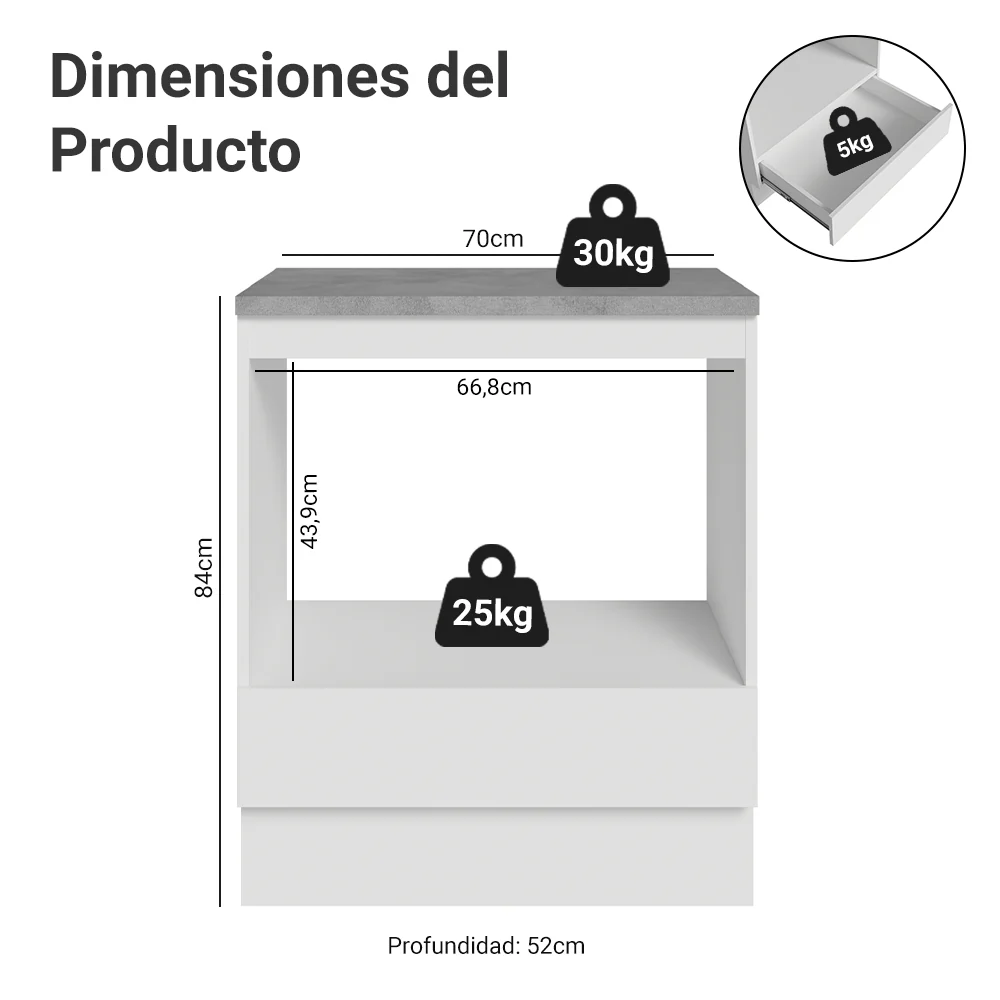 Bajo Mesada para Horno/Microondas 70 cm 1 Gaveta Blanco - Image 2