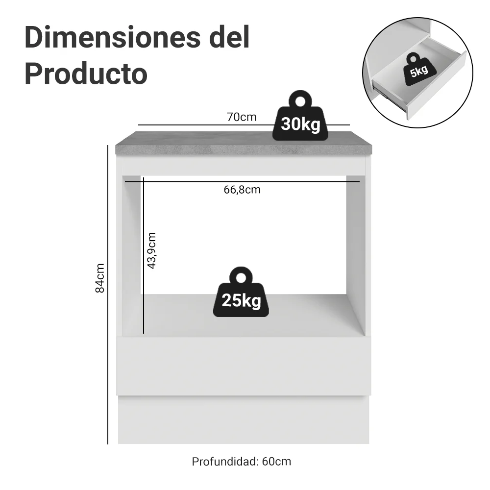 Bajo Mesada para Horno/Microondas 70 x 60 cm 1 Cajón (Con Mesada) Blanco Madesa - Image 2