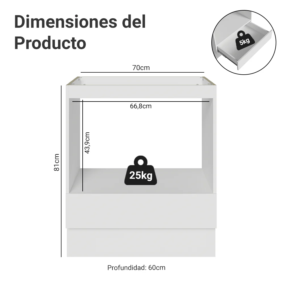 Bajo Mesada para Horno/Microondas 70 x 60 cm 1 Cajón (Sin Mesada) Blanco Madesa - Image 2