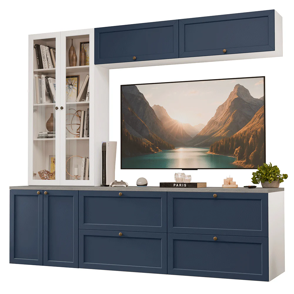 Centros de Entretenimiento con Rack + Cristaleiro 230 cm Blanco/Azul/Blanco Vik Madesa 01 - Image 3