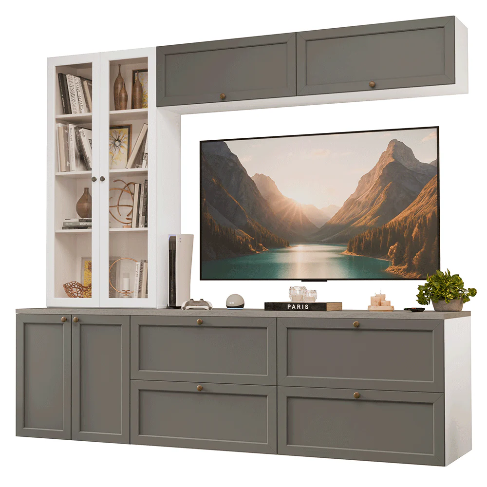 Centros de Entretenimiento con Rack + Cristaleiro 230 cm Blanco/Gris/Blanco Vik Madesa 01 - Image 3
