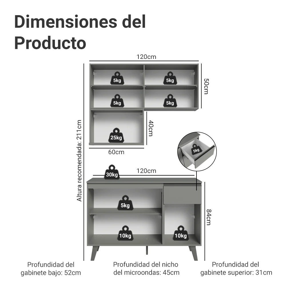 Combo de Cocina de 120 cm Gris Nice Madesa 05 - Image 2