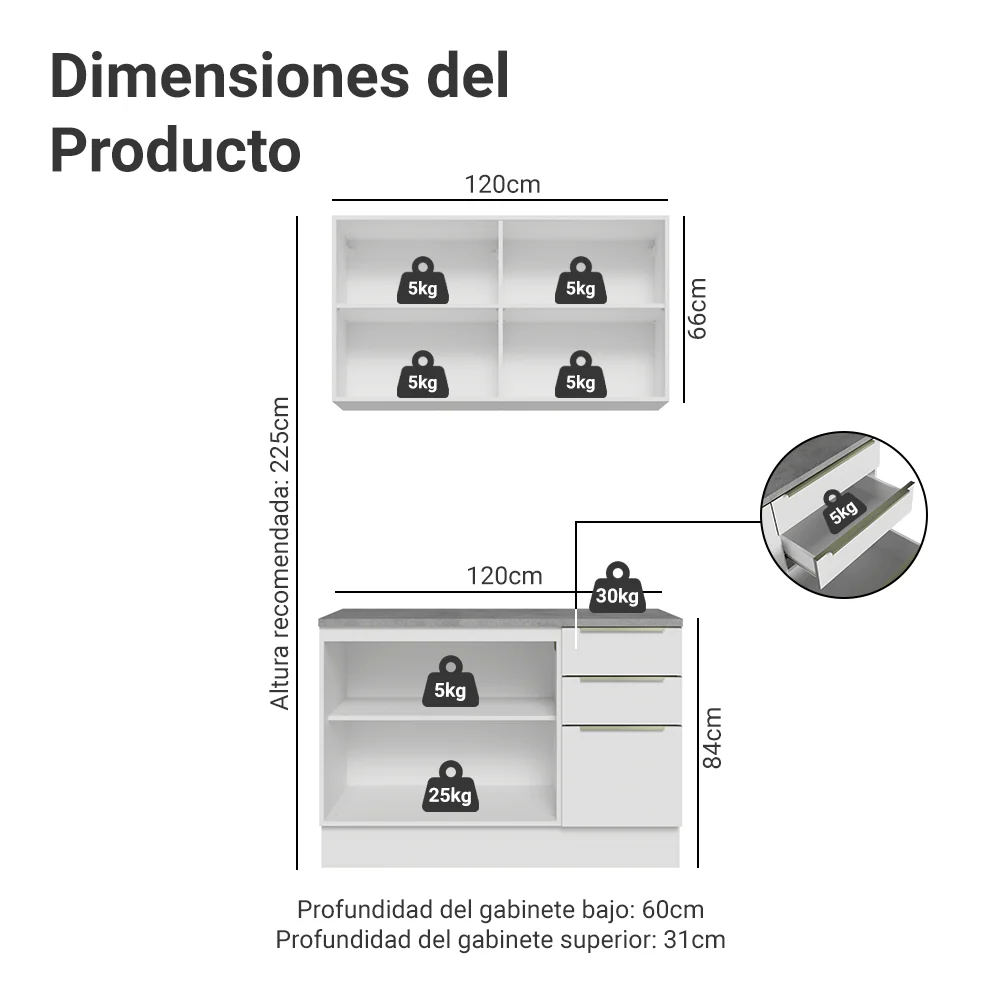 Cocina Compacta 120 x 60 cm Blanco/Blanco Aterciopelado Lux Madesa 02 - Image 2