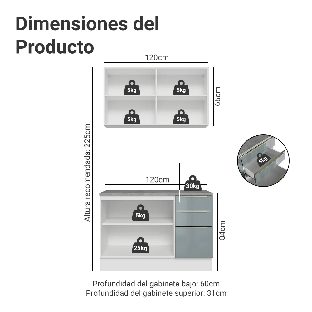 Cocina Compacta 120 x 60 cm Blanco/Gris Lux Madesa 02 - Image 2