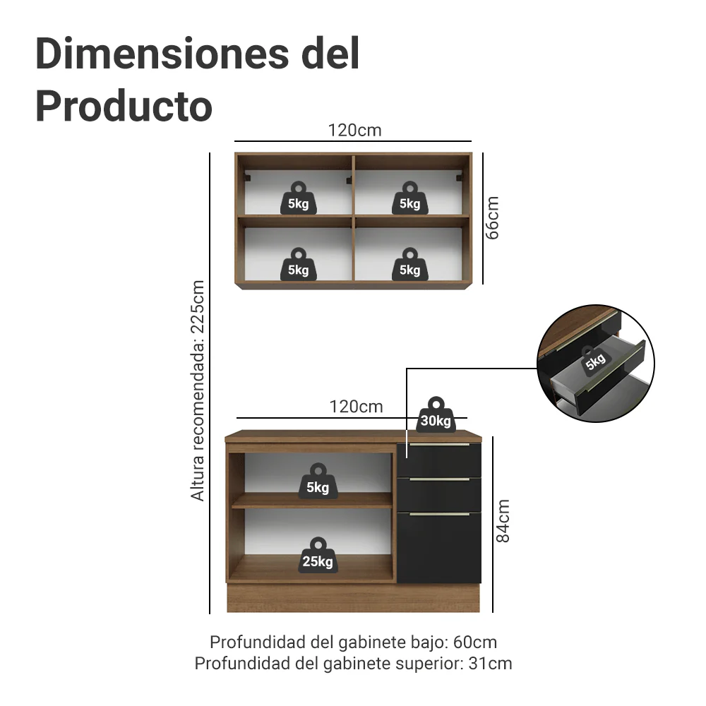 Cocina Compacta 120 x 60 cm Marrón/Negro Lux Madesa 02 - Image 2