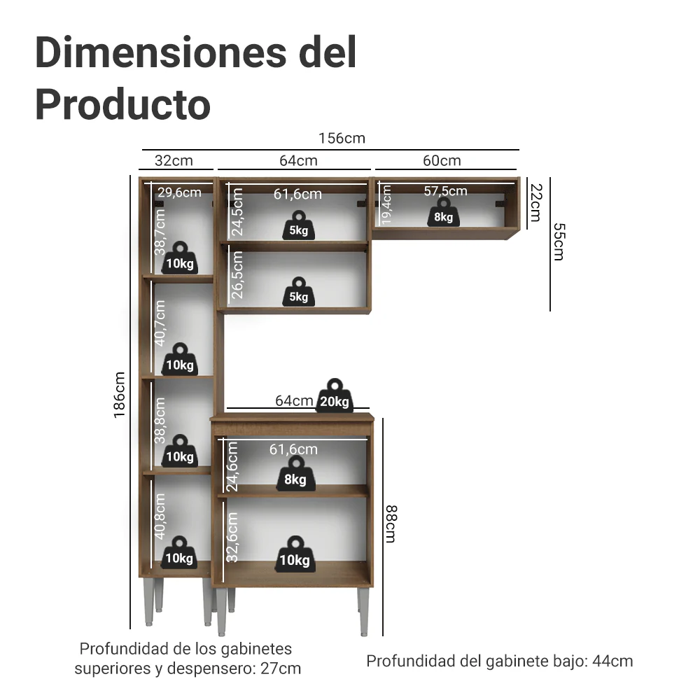 Cocina Compacta 156 cm Emilly Marrón/Gris 01 - Image 2