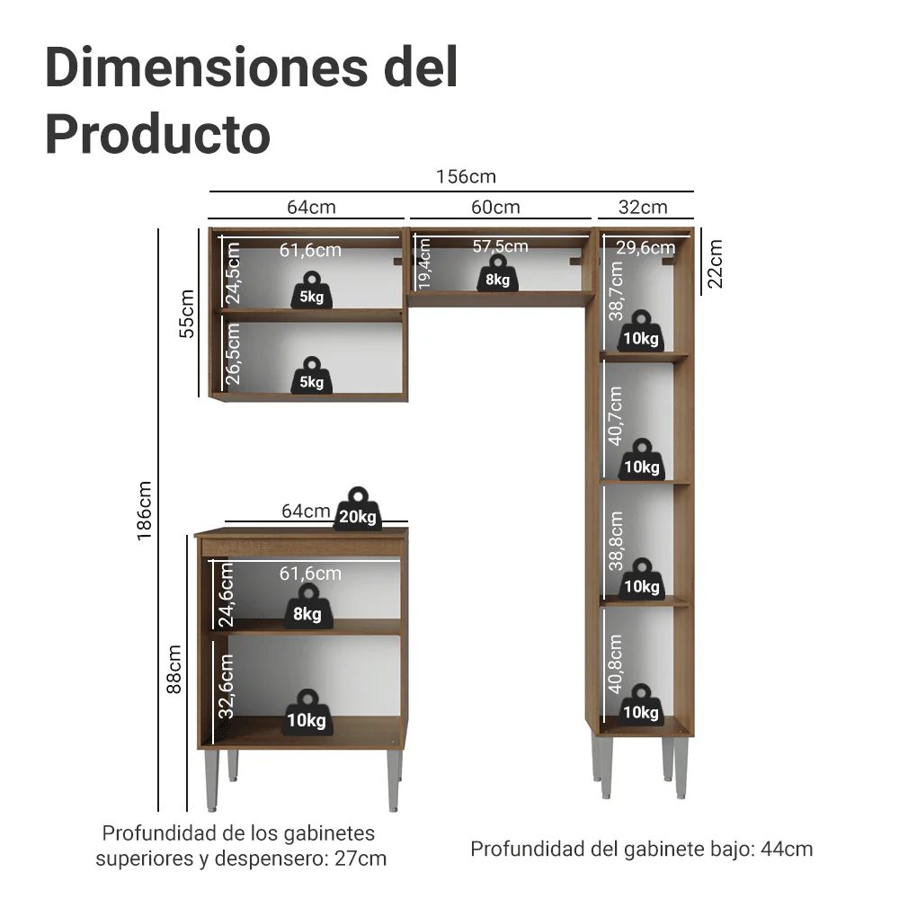 Cocina Compacta 156 cm Emilly Marrón/Negro 02 - Image 2