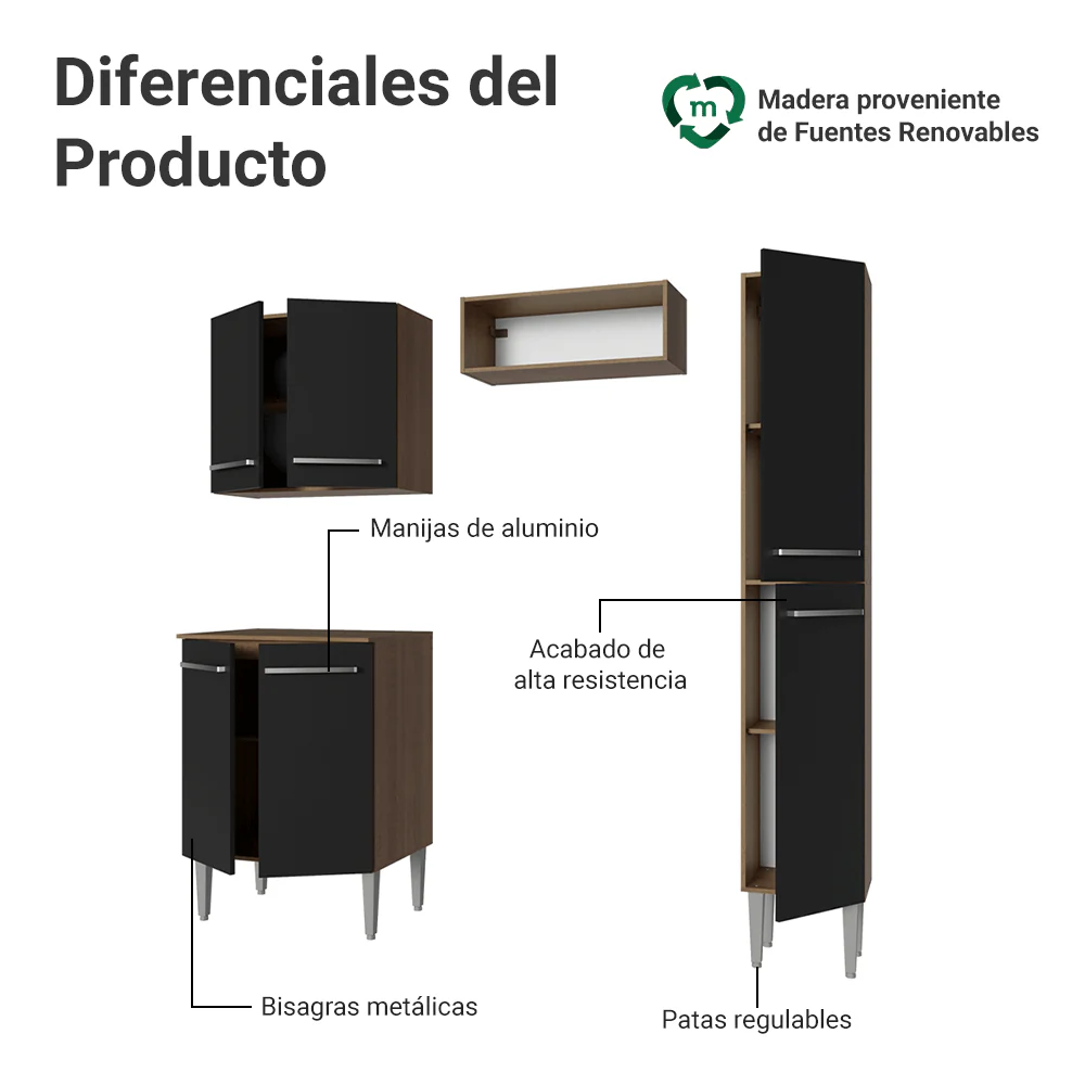 Cocina Compacta 156 cm Emilly Marrón/Negro 02 - Image 4