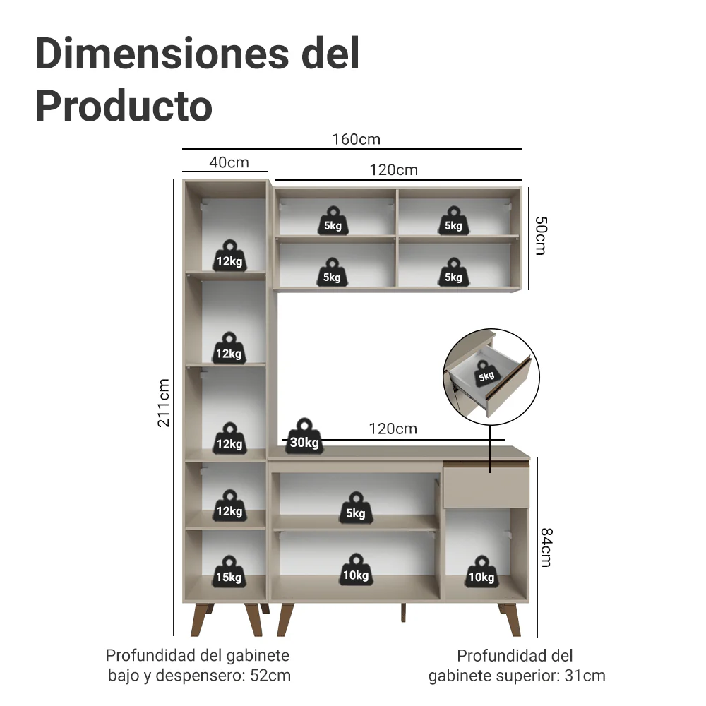 Cocina Compacta 160 cm Con Patas Nice Crema 01 - Image 2