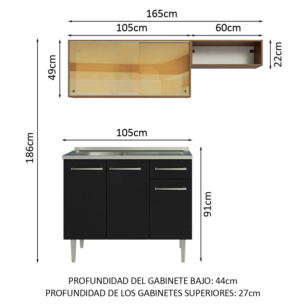 Combo de Cocina 165 cm con Bacha Emilly Marrón/Negro 06 - Image 2