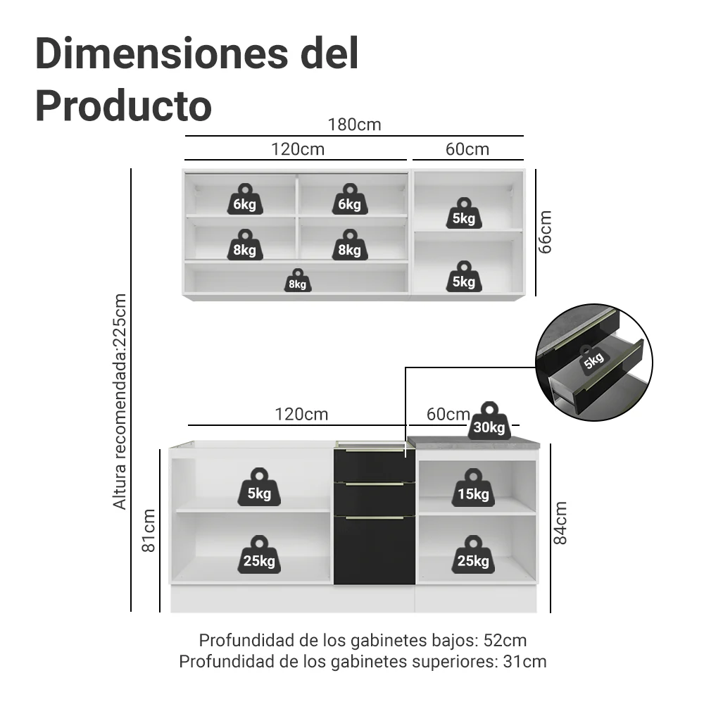 Cocina Compacta 180 cm Blanco/Negro Lux Madesa 04 - Image 2