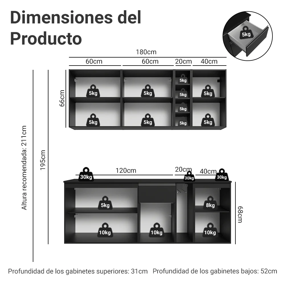 Cocina Compacta 180 cm Flotante Negro Nice Madesa 04 - Image 2