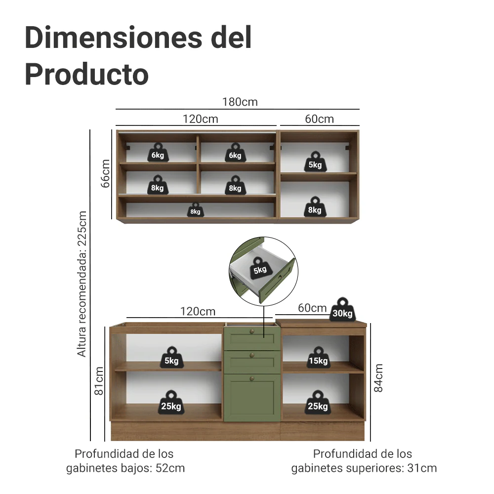 Cocina Compacta 180 cm Vik Marrón/Verde 04 - Image 2