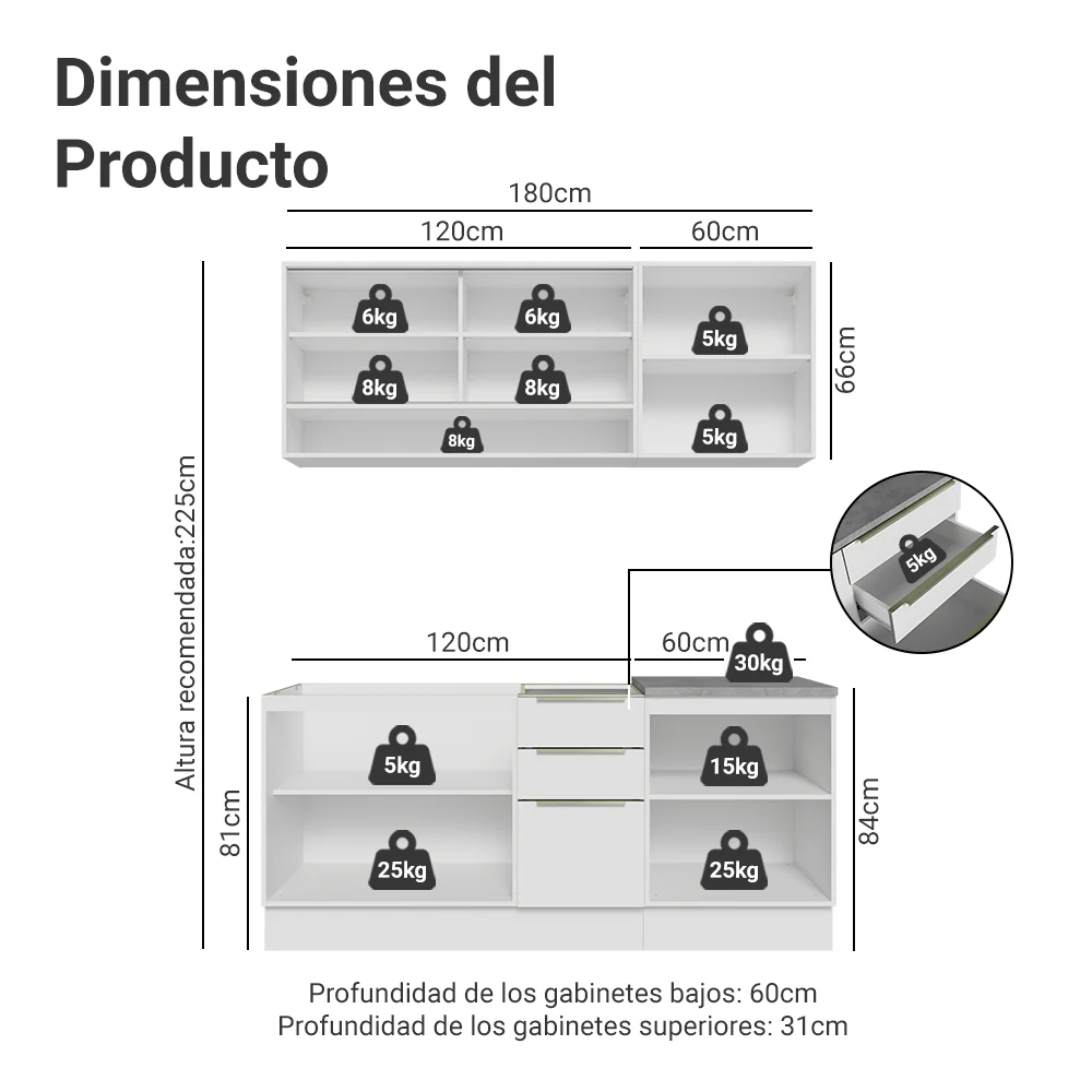 Cocina Compacta 180 x 60 cm Blanco/Blanco Aterciopelado Lux Madesa 05 - Image 2