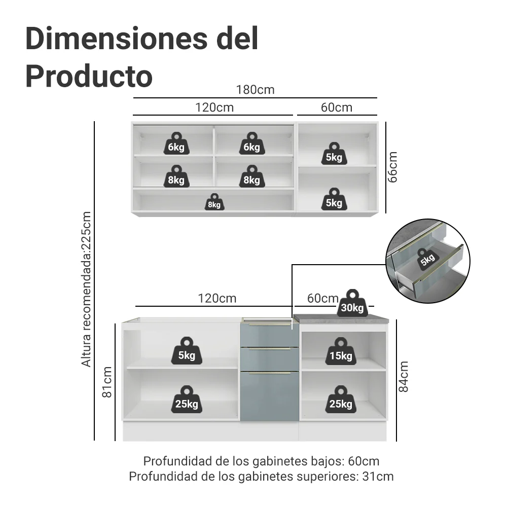 Cocina Compacta 180 x 60 cm Blanco/Gris Lux Madesa 05 - Image 2