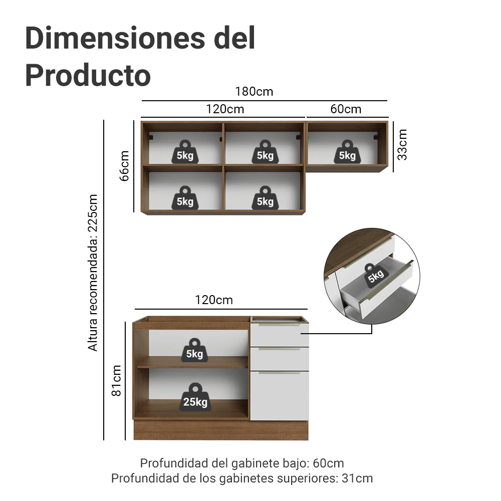 Cocina Compacta 180 x 60 cm Marrón/Blanco Aterciopelado Lux Madesa 03 - Image 2