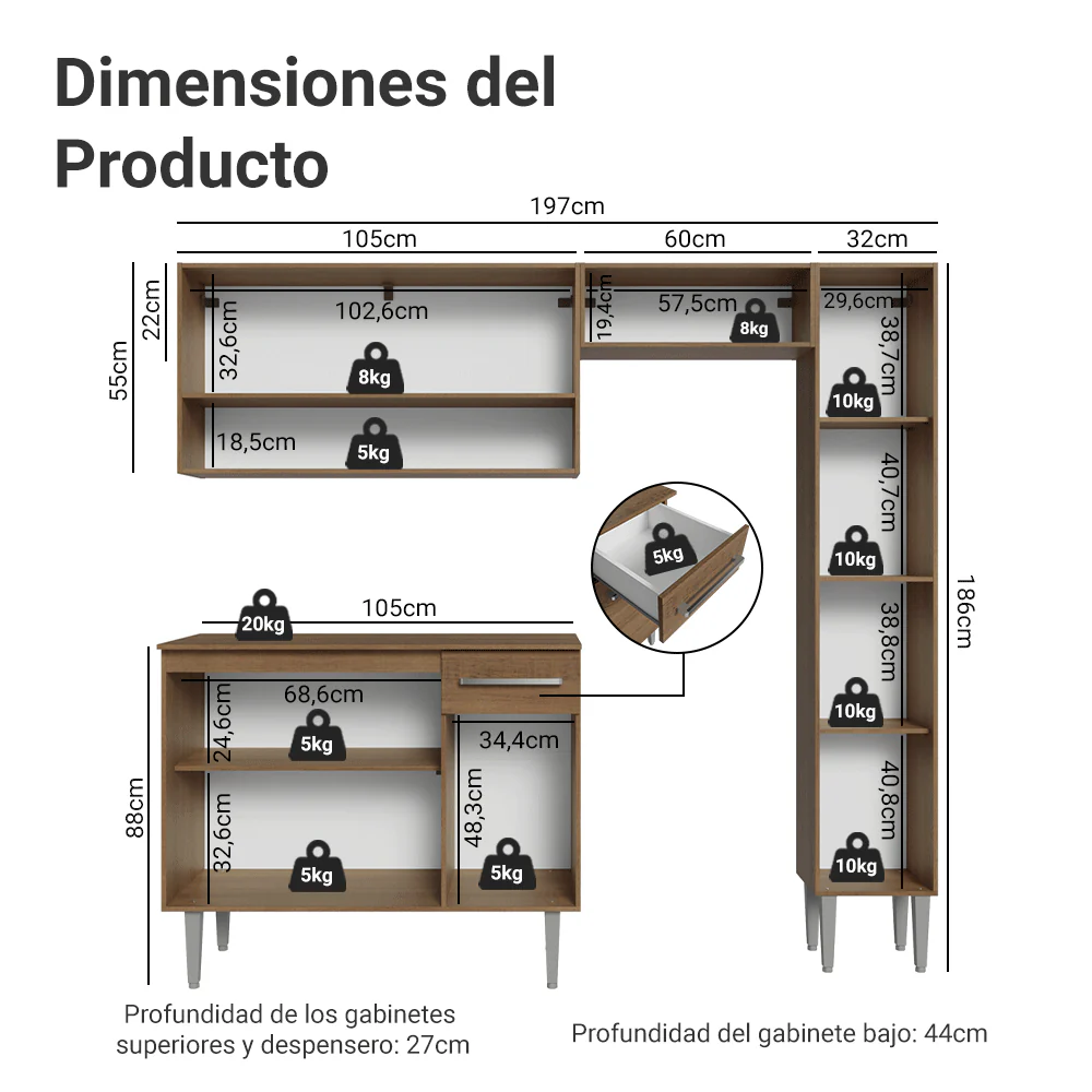 Cocina Compacta 197 cm Emilly Marrón 01 - Image 2