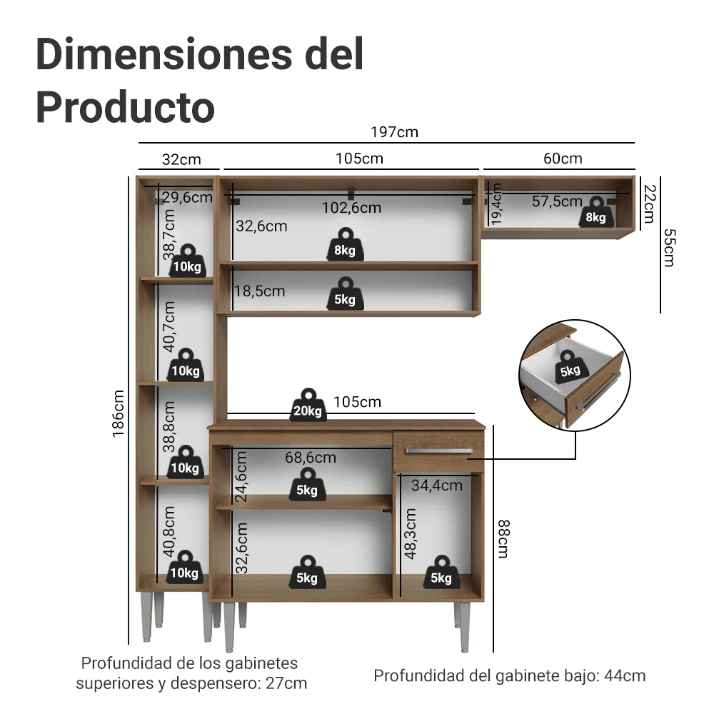 Cocina Compacta 197 cm Emilly Marrón 02 - Image 2