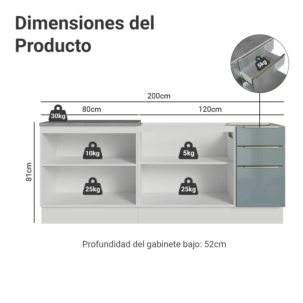 Cocina Compacta 200 cm Blanco/Gris Lux Madesa 05 - Image 2