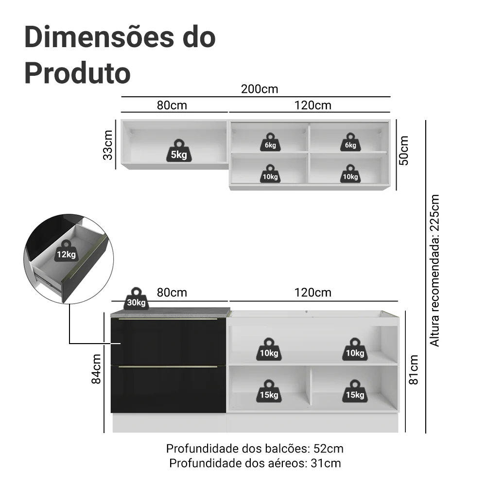 Cocina Compacta 200 cm Blanco/Negro Lux Madesa 07 - Image 2